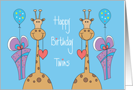 Birthday for Twin Boys, Two Giraffes with Hearts, Gifts and Balloons card