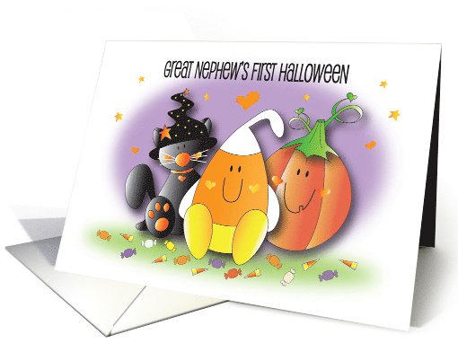 1st Halloween Great Nephew, Black Cat, Pumpkin & Candy Corn Man card