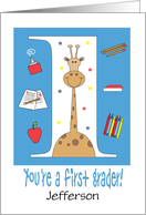 Back to School First Grader, Giraffe, School Supplies & Custom Name card