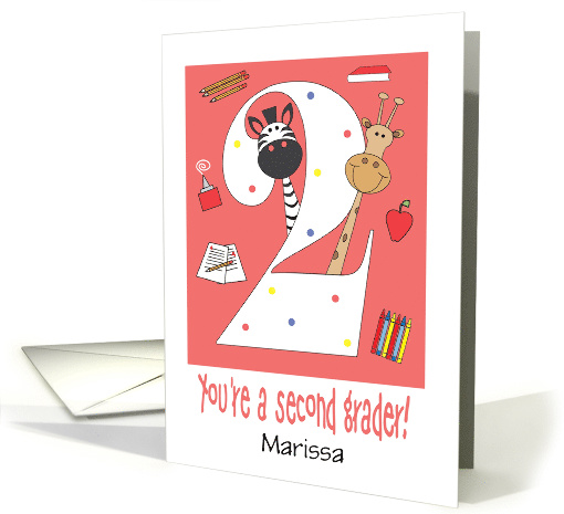 Back to School Second Grader, Giraffe & Zebra with Custom Name card