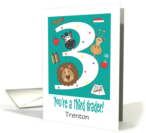 Back to School 3rd Grader, Giraffe, Zebra, Lion with Custom Name card