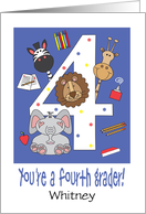 Back to School 4th Grader, Zoo Animals, School Items & Custom Name card