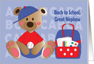 Back to School for Great Nephew Bear with Backpack and Baseball Cap card