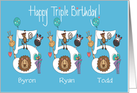 Birthday 5 Year Old Triplet Boys, Custom Names & Zoo Animals card