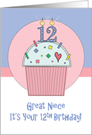 Birthday 12 Year Old Great Niece, Sprinkle Cupcake with 12 Candle card