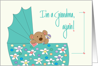 New Baby Announcement for Grandma, Bear in Floral Bassinette card