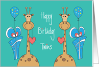 Birthday for Twins, Two Giraffes with Hearts, Balloons & Gifts card