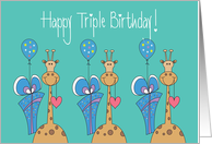 Birthday for Triplets, Three Giraffes with Hearts, Balloons & Gifts card