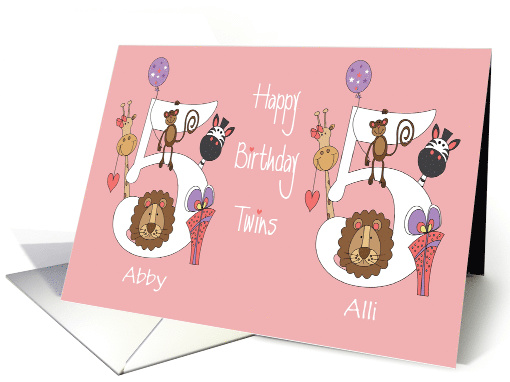 Birthday 5 Year Old Girl Twins, Personalized with Zoo Animals card