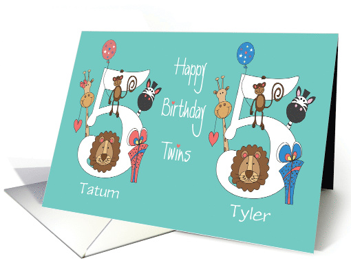 Birthday 5 Year Old Twins, Personalized with Zoo Animals card