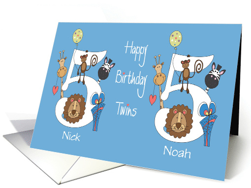 Birthday 5 Year Old Twin Boys, Personalized with Zoo Animals card