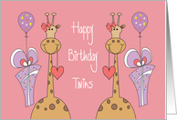 Birthday for Twin Girls, Two Giraffes in Pink Bows, Gifts & Balloons card
