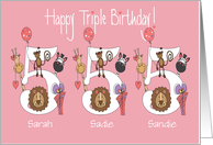 Birthday for 5 Year Old Girl Triplets, Zoo Animals & Balloons card