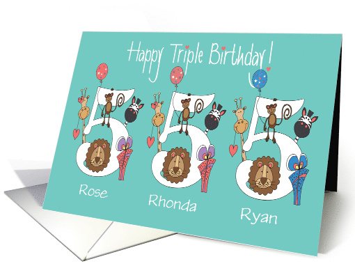 Birthday 5 Year Triplets, 2 Girls & 1 Boy with Custom Names card