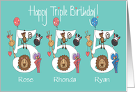 Birthday 5 Year Triplets, 2 Girls & 1 Boy with Custom Names card