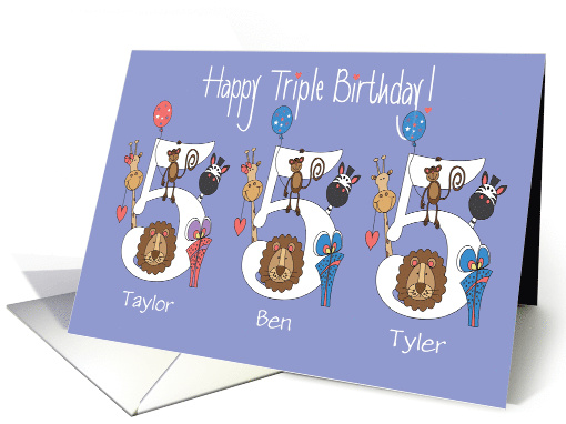 Birthday 5 Year Triplets, 2 Boys & 1 Girl with Custom Names card