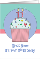 11th Birthday for Great Niece, Cupcake with Sprinkles & 11 Candle card