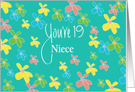 19th Birthday for Niece, Bright Flowers on Teal with Hand Lettering card