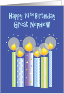 14th Birthday for Great Nephew, Six Patterned Candles & Confetti card