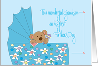 First Father’s Day for Grandson, Baby Bear in a Blue Bassinette card