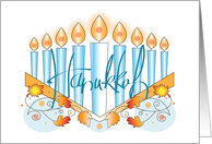 Hand Lettered Hanukkah with Candles in Golden Menorah card