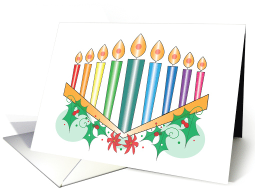 Hanukkah with Colorful Candles in Menorah with Winter Accents card