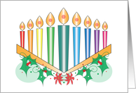 Hanukkah with Colorful Candles in Menorah with Winter Accents card