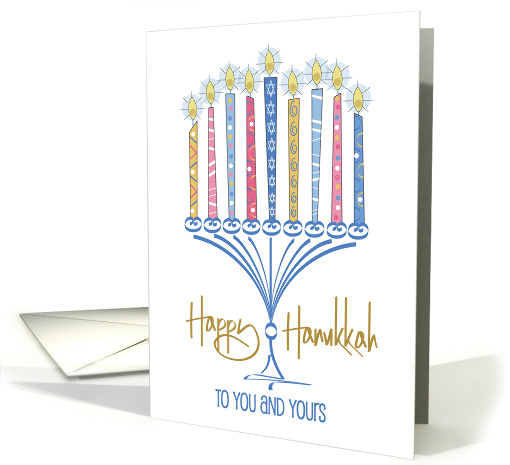 Hand Lettered Hanukkah Greetings with Golden Menorah and Candles card