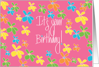 Hand Lettered Birthday for Girl with Bright and Happy Flowers on Pink card
