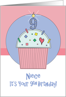 9th Birthday for Niece, Sprinkle Covered Cupcake with 9 Candle card