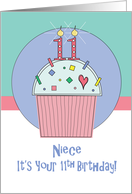11th Birthday for Niece, Sprinkle Covered Cupcake with 11 Candle card