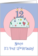 12th Birthday for Niece, Sprinkle Covered Cupcake with 12 Candle card
