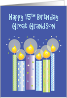 15th Birthday for Great Grandson, Row of Candles with Confetti card