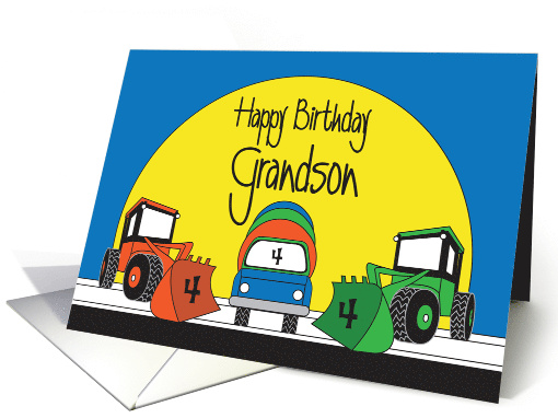 4th Birthday for Grandson Trio of Colorful Construction Trucks card