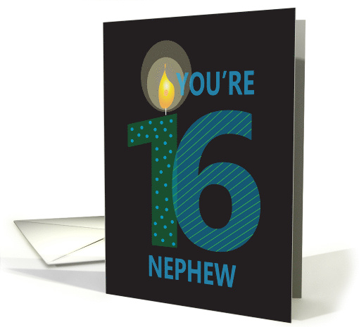 16th Birthday Nephew, Striped & Polka Dot Numbers with Candle card