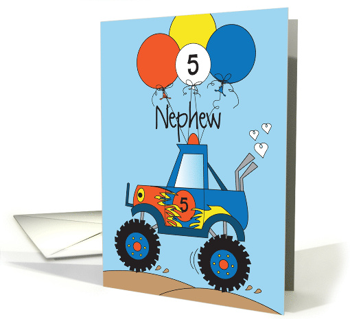 Hand Lettered 5th Birthday for Nephew Monster Truck with Balloons card