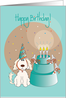 Birthday Wishes with Dog and Dog Dish Cake, with Bone Candles card