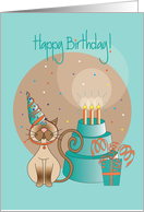 Birthday Wishes with Cat , Cat Dish Cake & Polka Dot Party Hat card