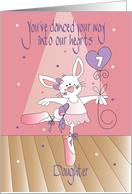Hand Lettered Ballet Bunny in Pink Toe Shoes with Age 7 Heart Balloon card