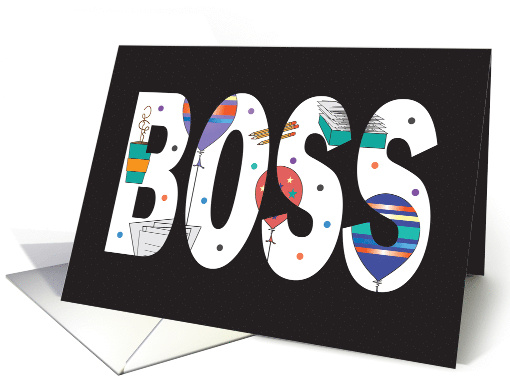 Boss's Day, Large Bold Letters Filled with Work Images & Balloons card