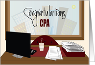 Congratulations for CPA License, Desk, Papers, Coffee & CPA card