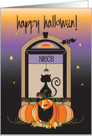 Halloween for Niece, Away at College, Window with Cat, Bat & Stars card