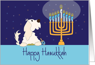 Hanukkah, with Dog Watching Menorah while playing with Dreidel card