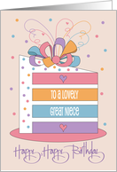 Hand Lettered Birthday for Great Niece Rainbow Birthday Cake and Bow card