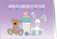 Getting Pregnant Encouragement, Bear and Bunny with Baby Bottle card