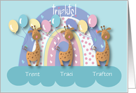 Baby Triplets Congratulations Three Giraffes Balloons and Custom Names card