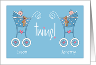 New Baby Boy Twin Congratulations Blue Strollers and Custom Names card