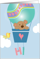 Hi with Bear in Hot Air Balloon Decorated with Hearts and Bird card