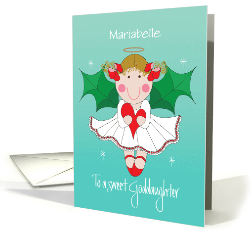 Christmas for Goddaughter Angel with Holly Wings and Custom Name card