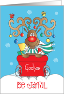 Christmas for Godson, Reindeer in Sleigh with Ornaments on Antlers card